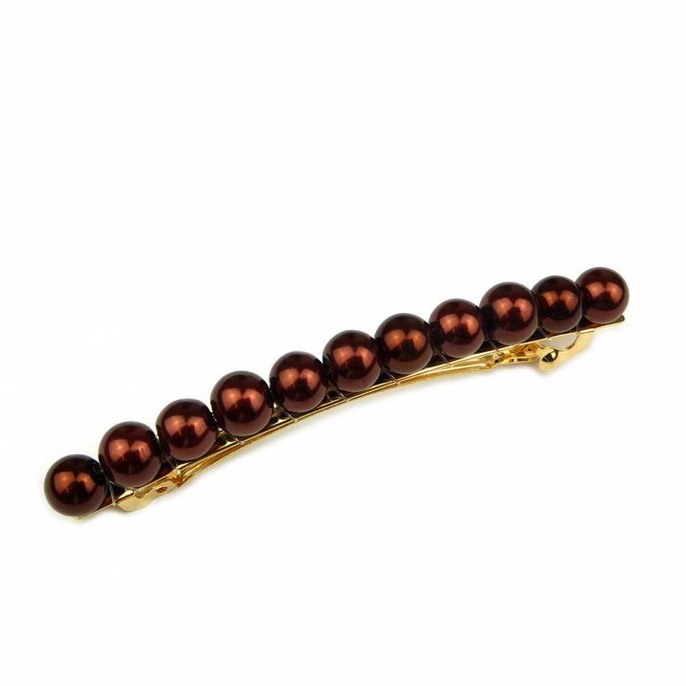 Barrette cheveux 8.5cm, perles nacrées marron