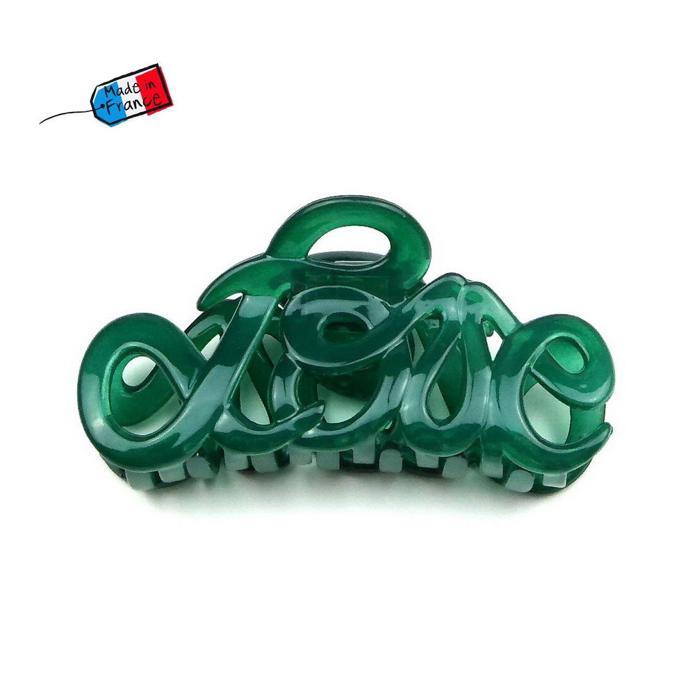 Pince à cheveux "Love" 8,5cm en acétate, qualité premium, Made in France - vert bouteille