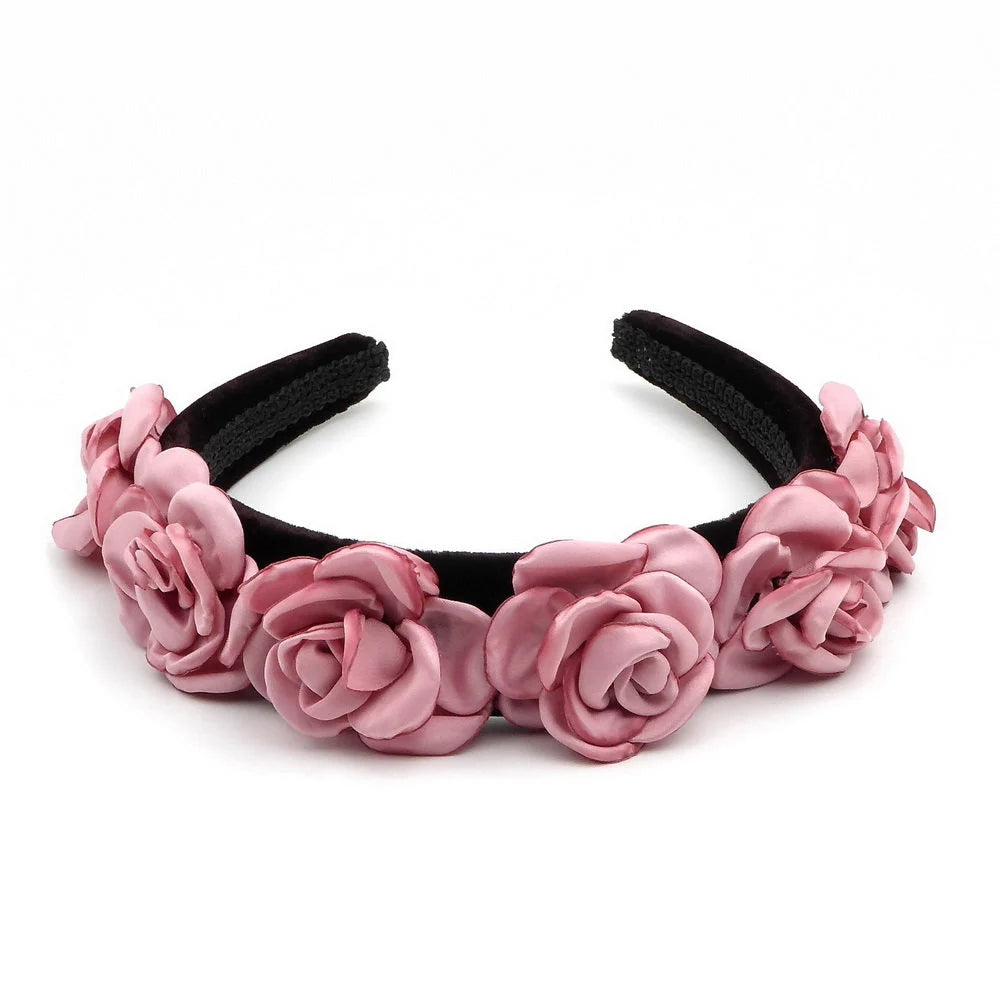 Serre tête velours avec fleur en satin - vieux rose