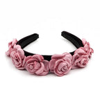 Serre tête velours avec fleur en satin - vieux rose
