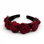 Serre tête velours avec fleur en satin - rouge foncé