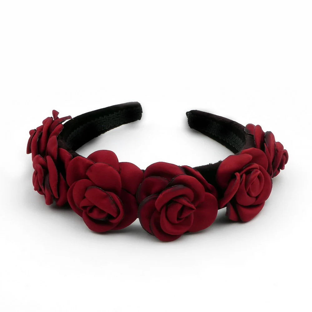 Serre tête velours avec fleur en satin - rouge foncé