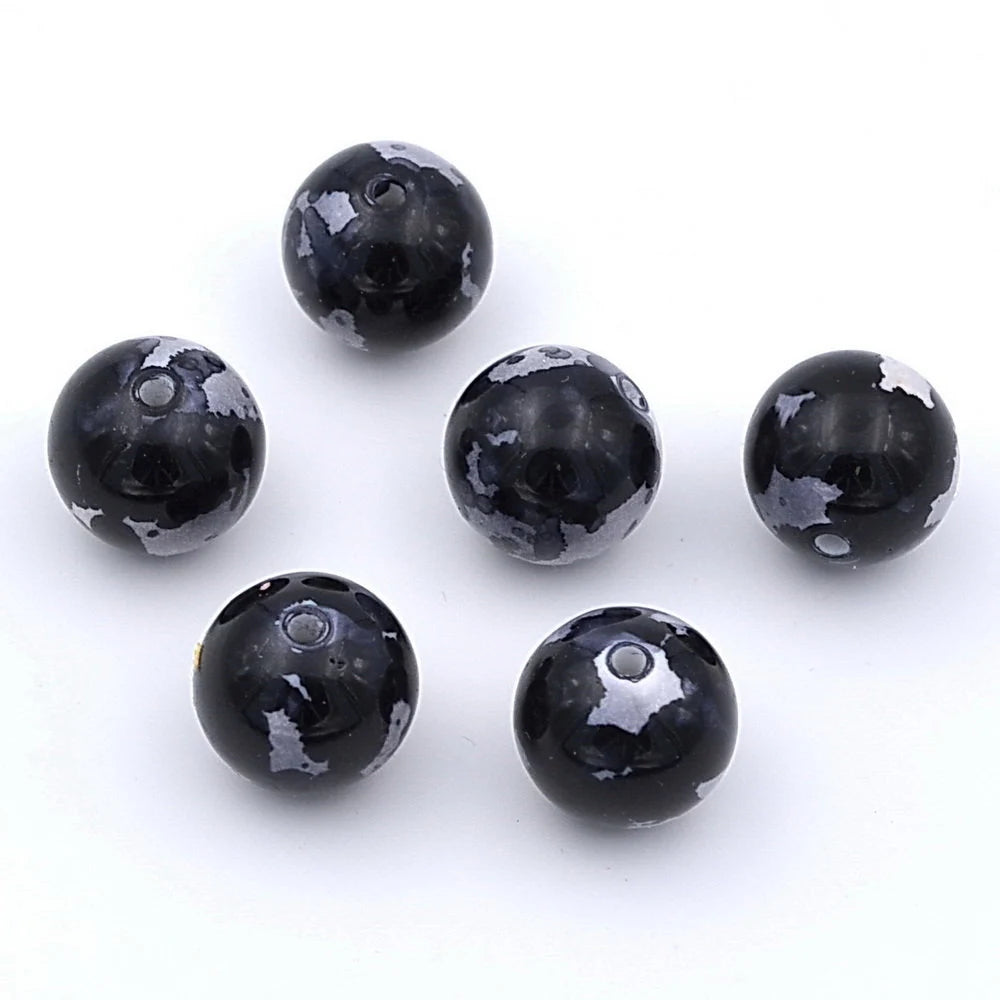 Lot de 10 perles rondes en céramique 14mm noir-gris
