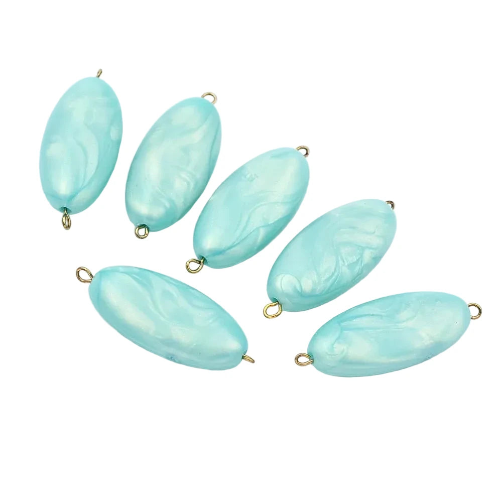 Lot de 10 perles ovales plates nacrées turquoise  en acrylique avec tige dorée