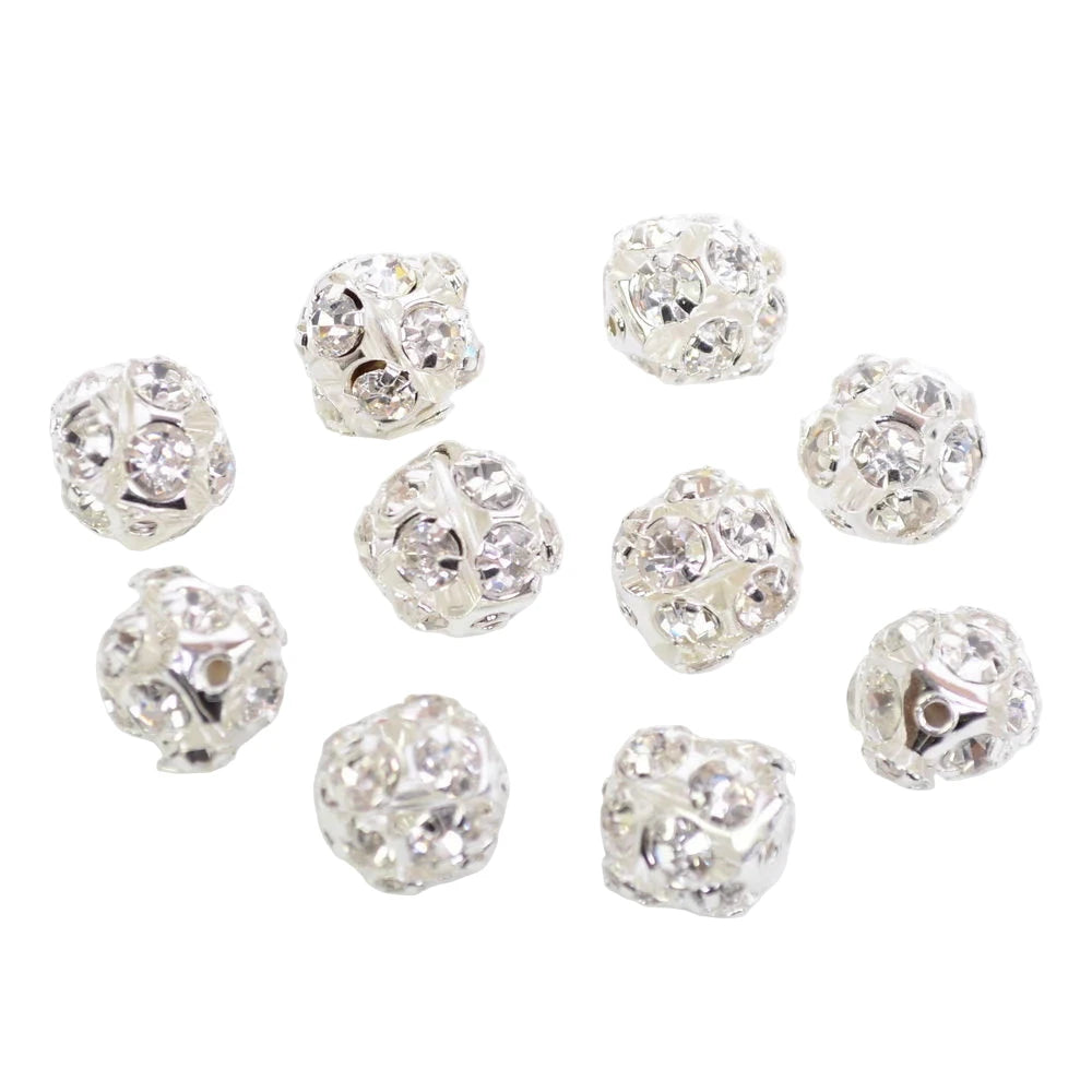Lot de 10 perles strass rondes 12mm métal argenté brillance cristalline