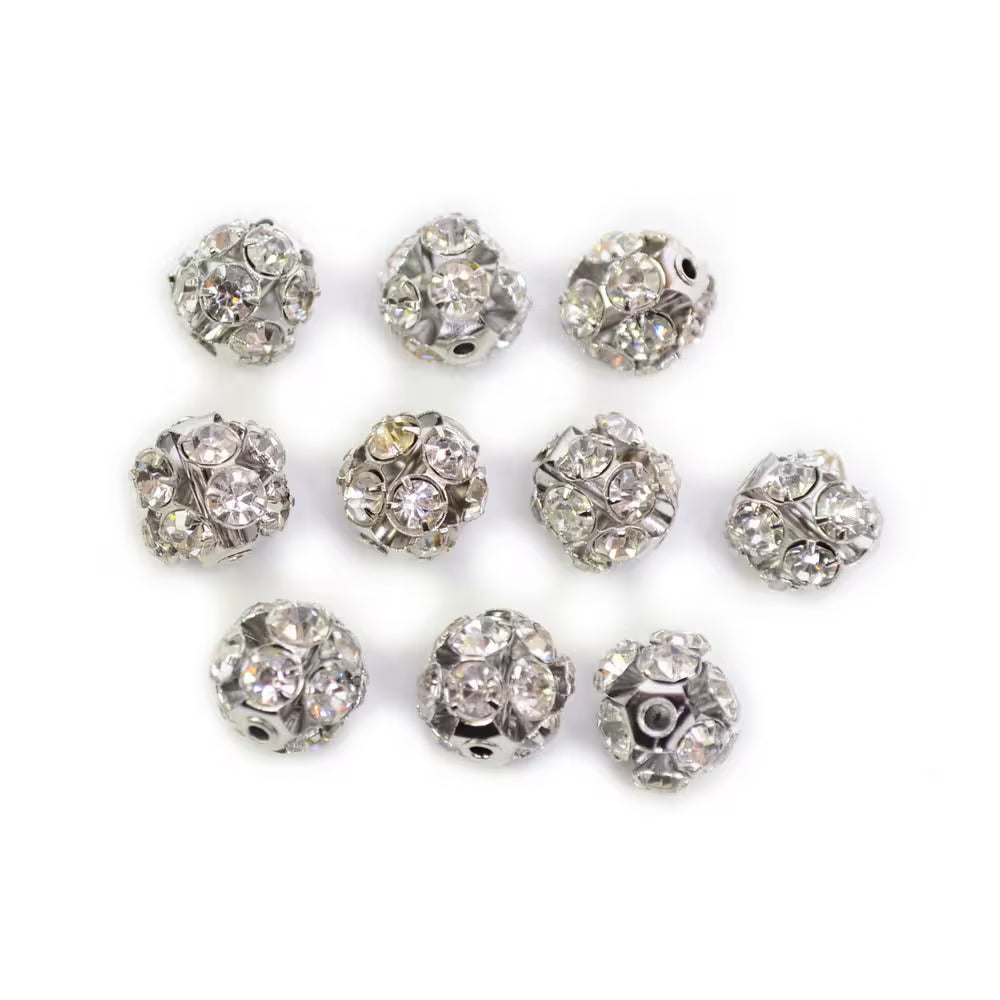 Lot de 10 perles strass rondes 10mm métal argenté rhodium pour bijoux