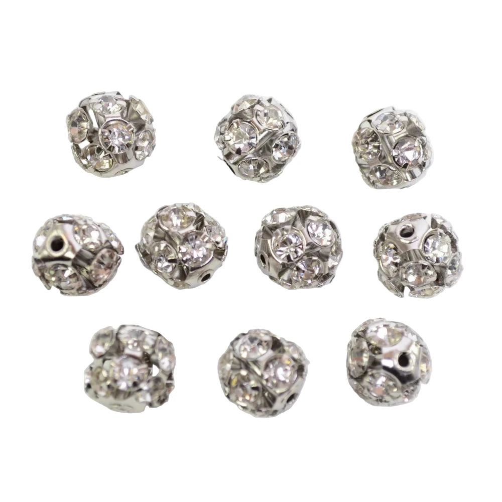 Lot de 10 perles strass rondes 12mm métal argenté rhodium