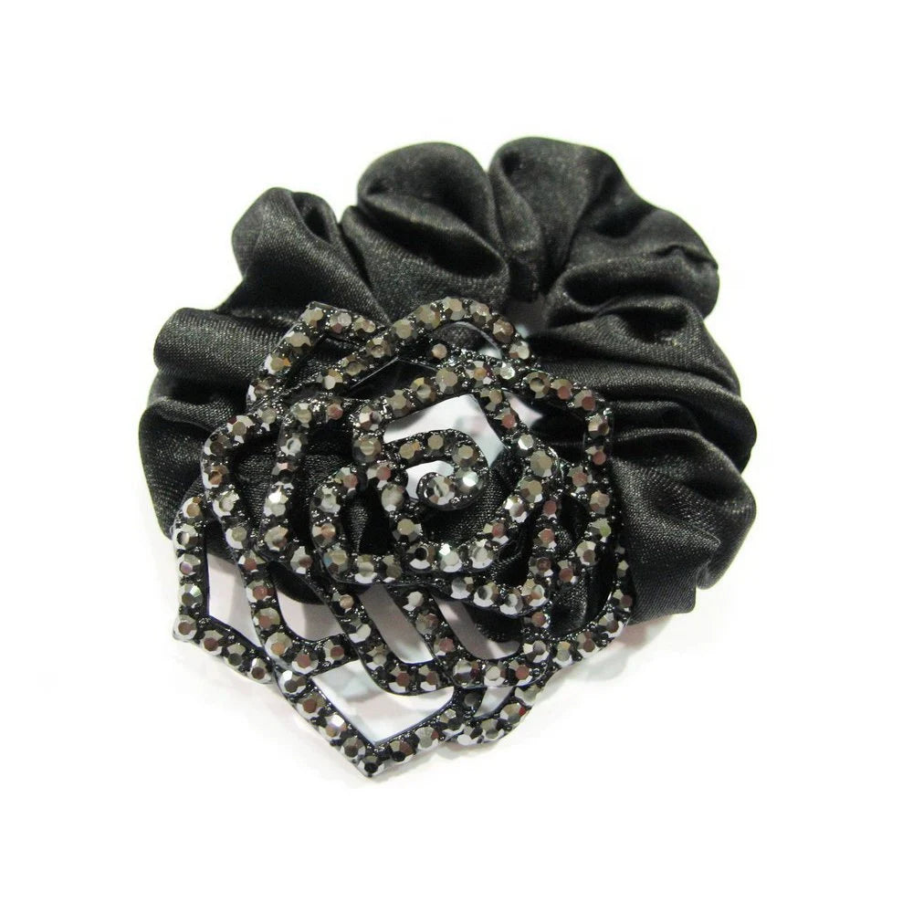 Chouchou élastique cheveux noir avec bijou fleur strass