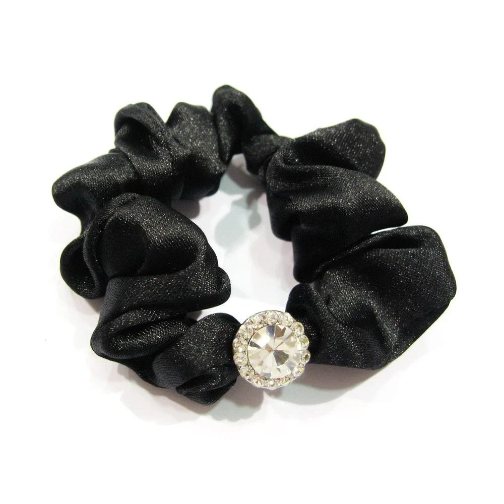 Élastique cheveux tissu satiné noir avec bijou strass cristal