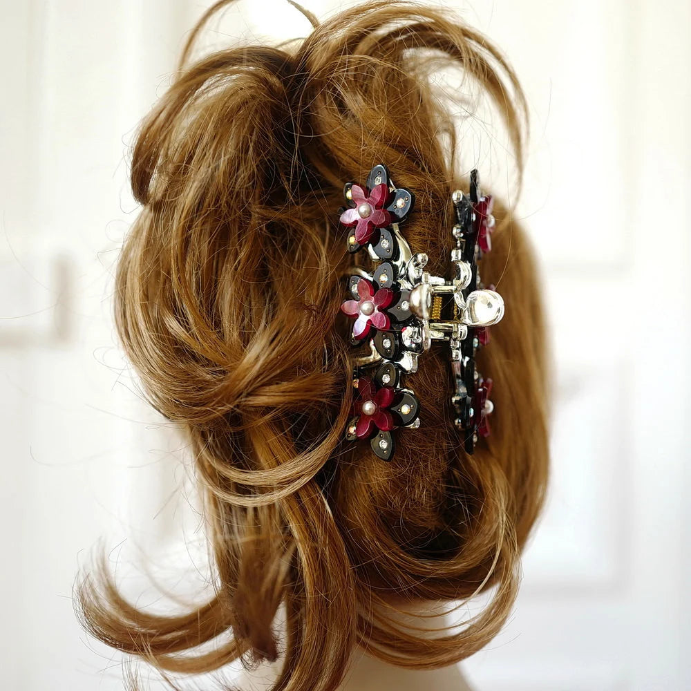 Pince à cheveux crabe motif fleur 10cm fait main - chignon